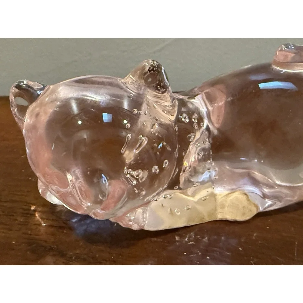 Vintage Pink Art Glass Sleeping Cat Figurine Controlled Bubbles West Dist Co 4